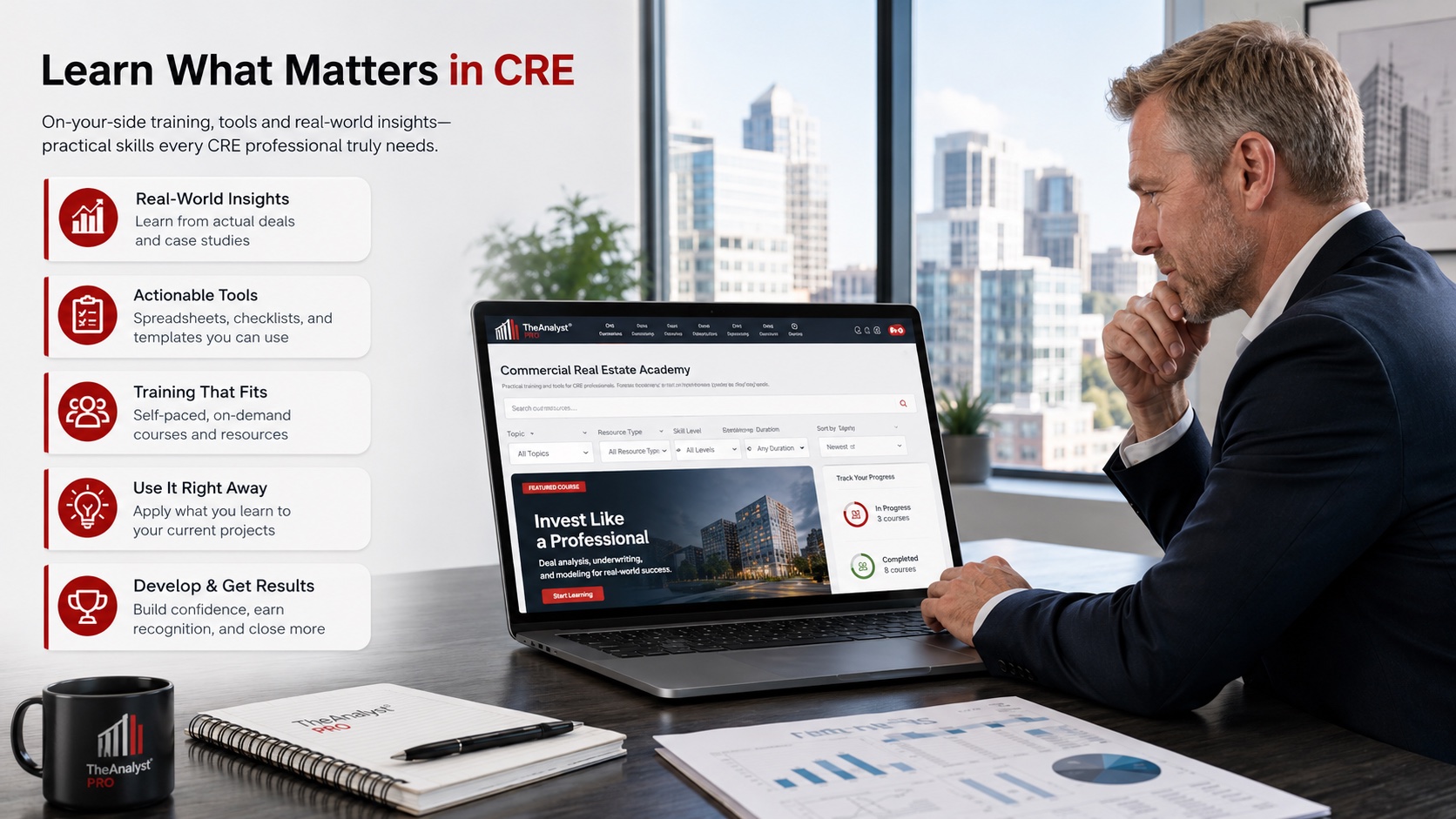 A broker working through a Commercial Real Estate Academy course on a laptop