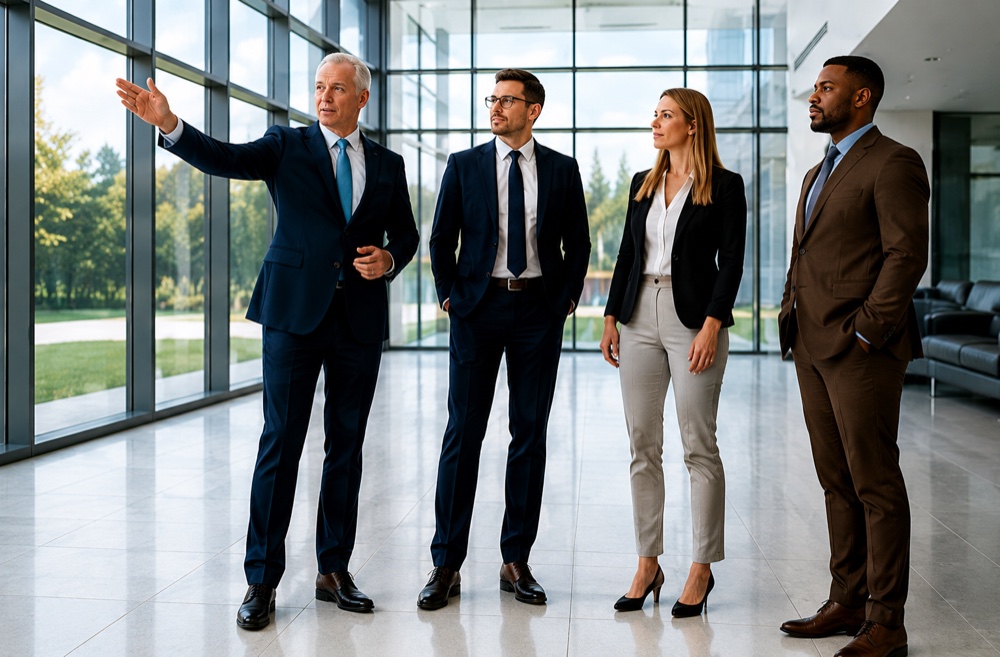 A broker walking clients through a leased office space