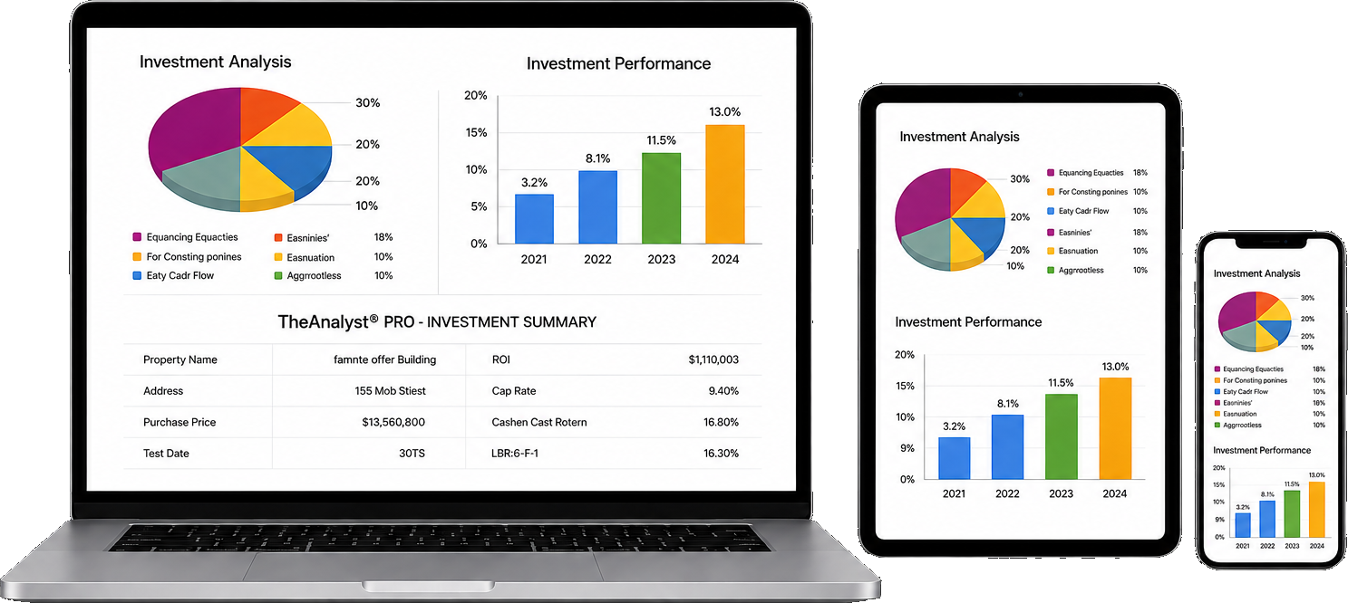TheAnalyst PRO investment summary on a laptop, iPad and iPhone