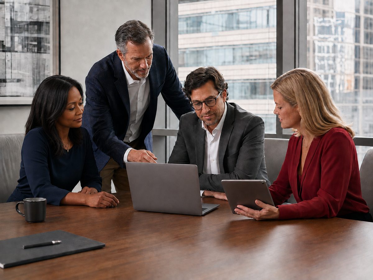 A deal team reviewing a listing together on a laptop and tablet in a conference room