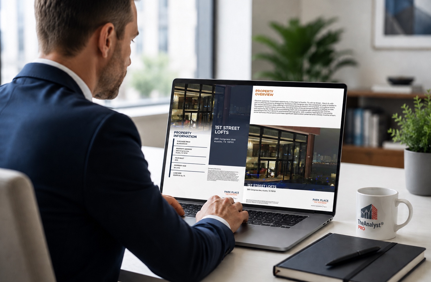A broker working through deal documents on a laptop