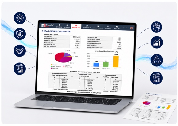 A five-year cash flow analysis open in TheAnalyst PRO, surrounded by the platform's connected tools