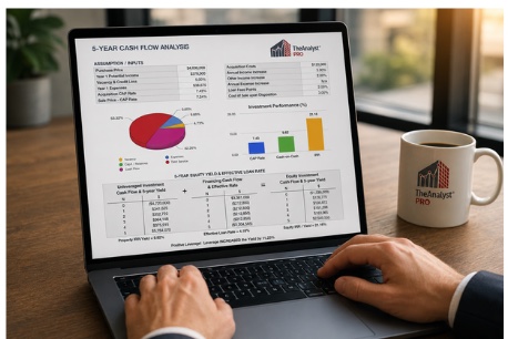 A five-year cash flow analysis open on a laptop in TheAnalyst PRO