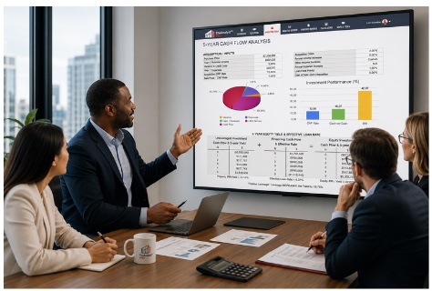 An analyst presenting cash flow projections to a deal team