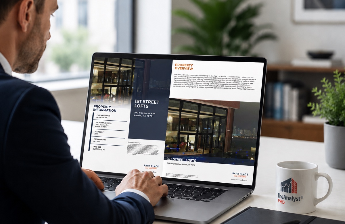 A broker reviewing a branded offering package on a laptop