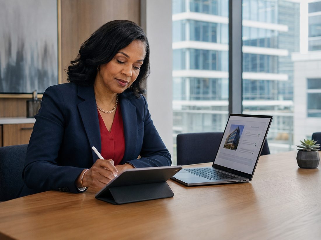 A broker signing an NDA on a tablet beside a laptop showing an executed document checklist